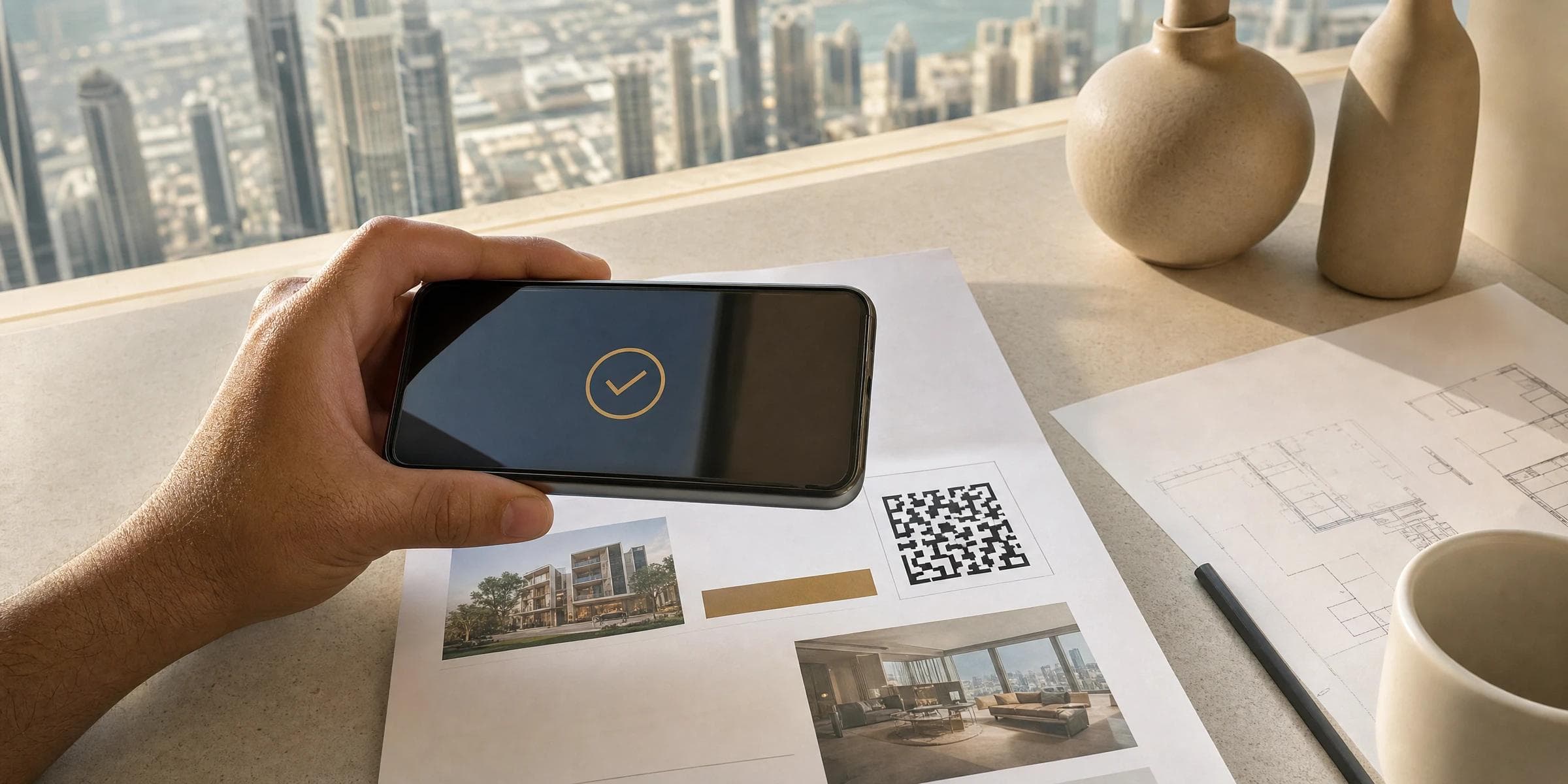 A hand holding a smartphone with a verification tick above a QR-style code on a Dubai property advertisement