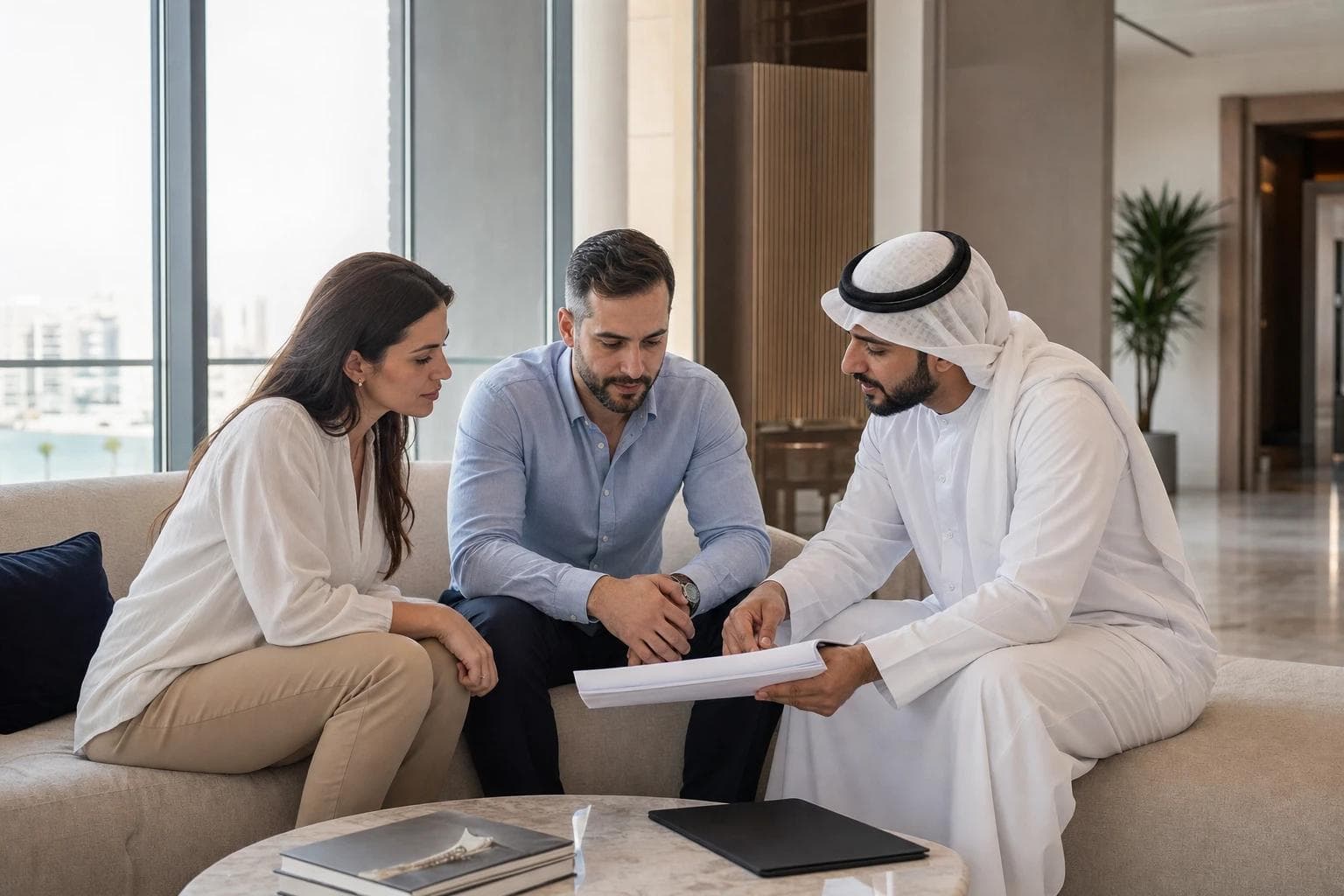 A man and woman review a property purchase contract in a modern residential lobby in Manama with natural light and realistic detail